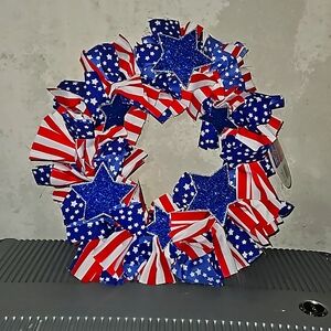 4th of July door wreath 12", red white and blue.  American flag and stars. NWT